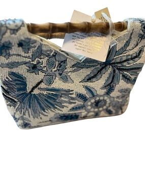 Floral Embroidered Beaded Bag with Bamboo Handle- blue flower beaded bag